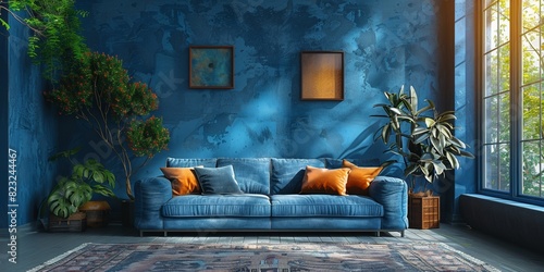 Wallpaper Mural Contemporary living room with stylish blue sofa, modern decor and pastel blue accents. Torontodigital.ca