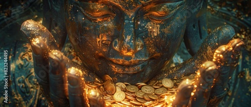 Close-up of a Buddha statue holding golden coins with ambient glowing light, representing wealth, spirituality, and tranquility.