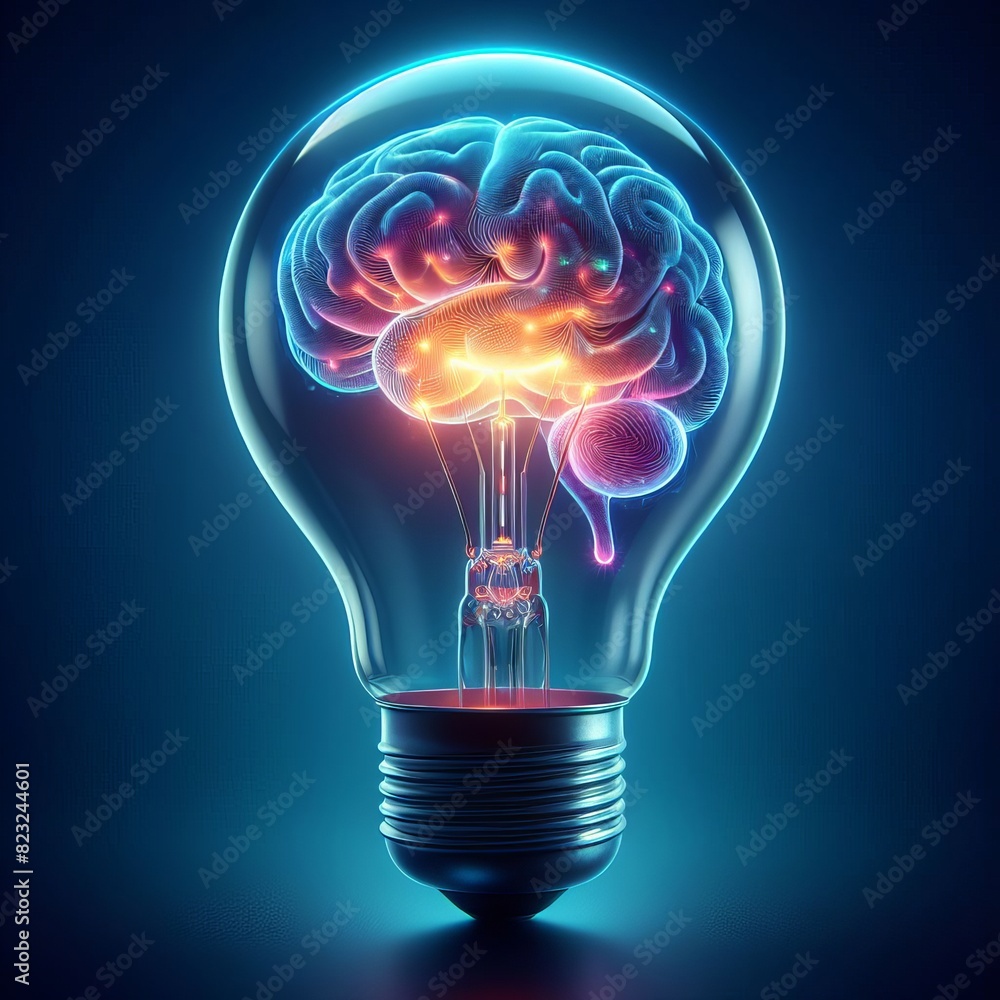 A creative illustration featuring a neon-colored brain inside a light bulb, symbolizing bright ideas and intellectual power.. AI Generation A creative illustration featuring a neon-colored brain inside a light bulb, symbolizing bright ideas and intellectual power.. AI Generation