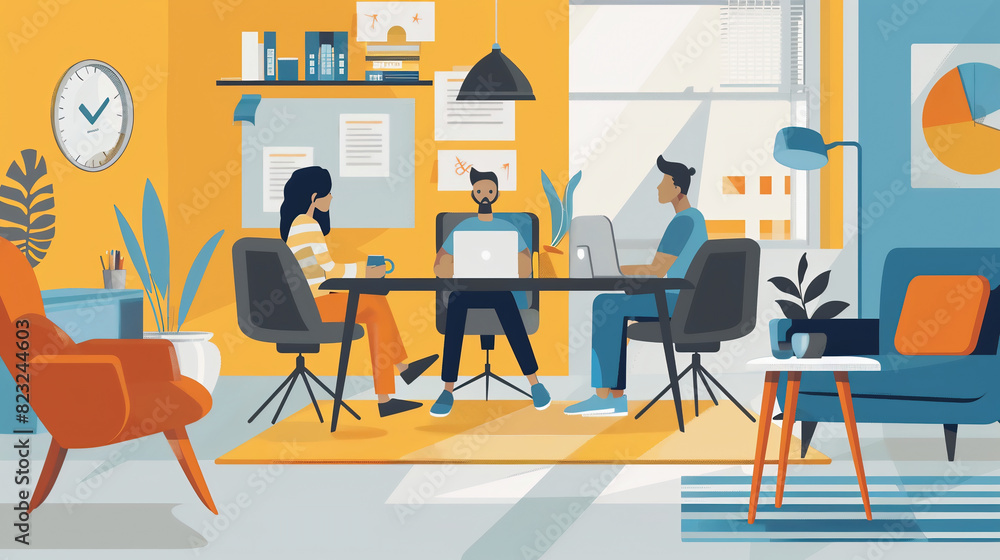 A virtual meeting with diverse team members in a modern home office A virtual meeting with diverse team members in a modern home office