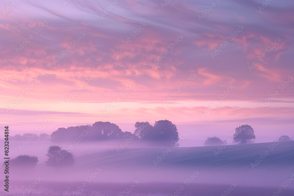 Obraz premium Kolorowy wschód słońca nad mglistym polem z drzewami