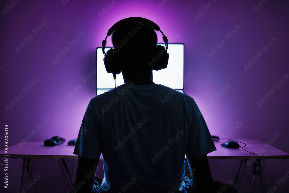 Young gamer playing video game wearing headphone. Young gamer playing video game wearing headphone.