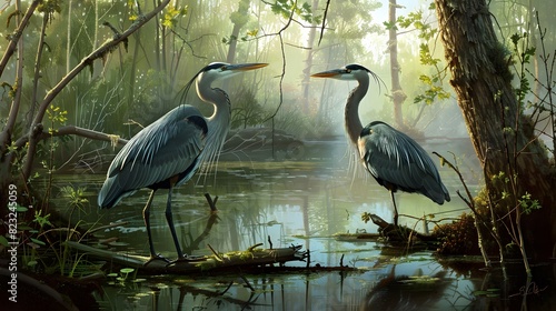 Explain the nest-building activities and migration patterns of herons in the forest