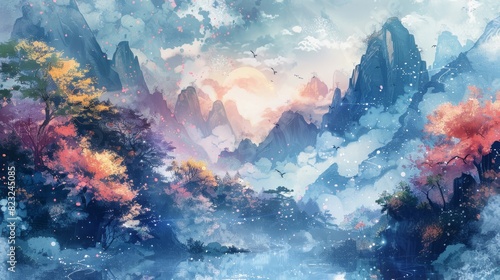 Beautiful serene landscape with mountains  colorful trees  and a dreamy sky  perfect for nature and fantasy-themed projects.