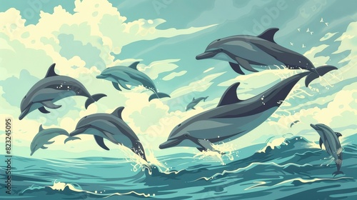 A Pod Of Dolphins Jumping Out Of The Water Near The Shore  Cartoon  Flat color