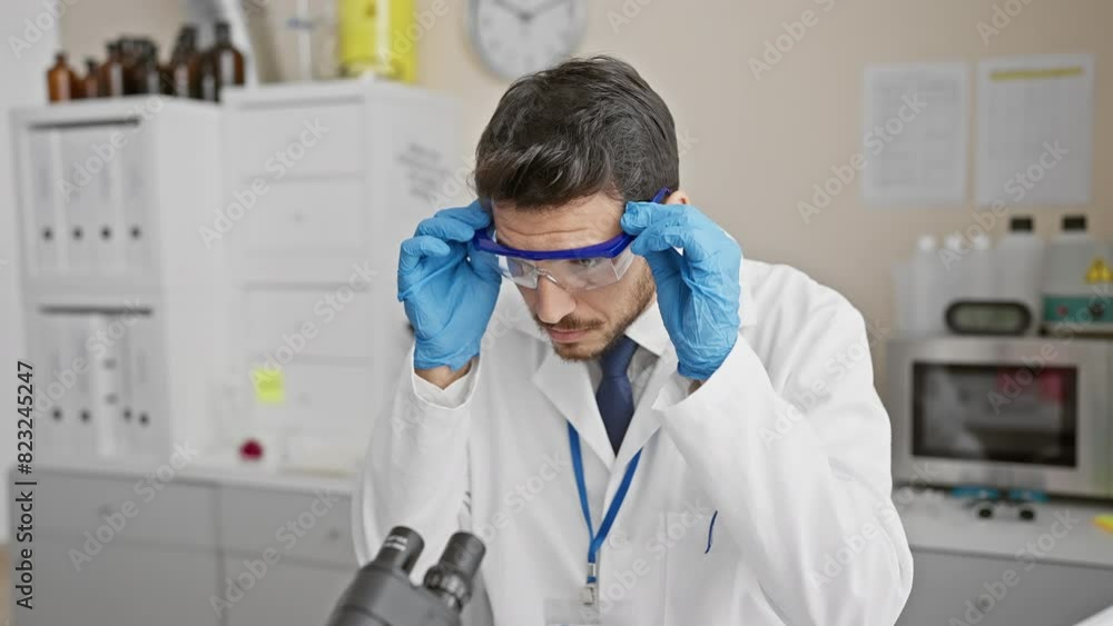 A focused hispanic man scientist working meticulously in a laboratory setting, analyzing samples with protective gear and microscope. A focused hispanic man scientist working meticulously in a laboratory setting, analyzing samples with protective gear and microscope.
