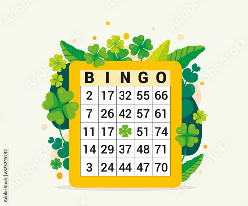 Illustration d'un carton de jeu de bingo, loterie basée sur la chance et le tirage au sort des numéros, décoration de trèfles à quatre feuilles verts et de feuilles, ambiance nature et joyeuse photo