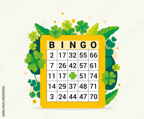 Illustration d'un carton de jeu de bingo, loterie basée sur la chance et le tirage au sort des numéros, décoration de trèfles à quatre feuilles verts et de feuilles, ambiance nature et joyeuse