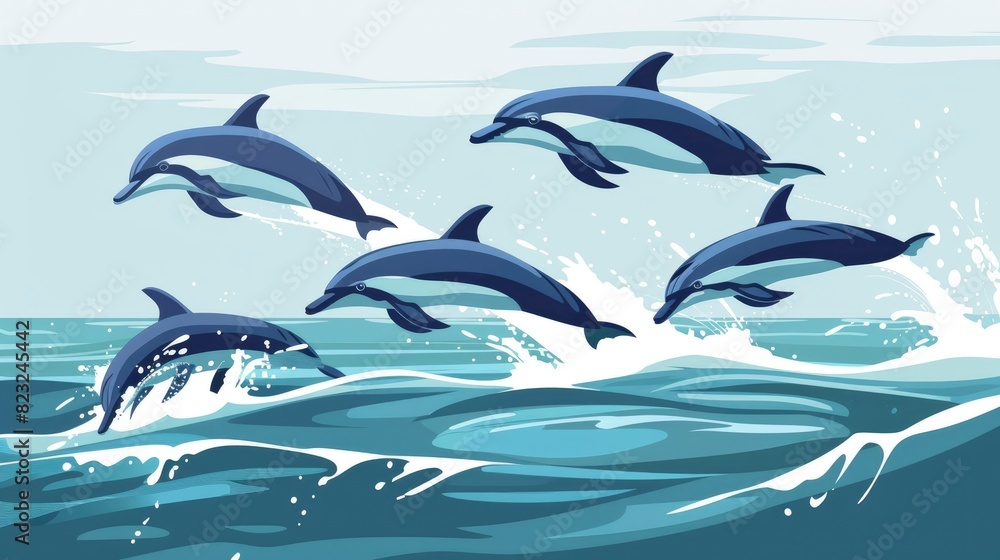 A Pod Of Dolphins Jumping Out Of The Water Near The Shore, Cartoon ,Flat color A Pod Of Dolphins Jumping Out Of The Water Near The Shore, Cartoon ,Flat color
