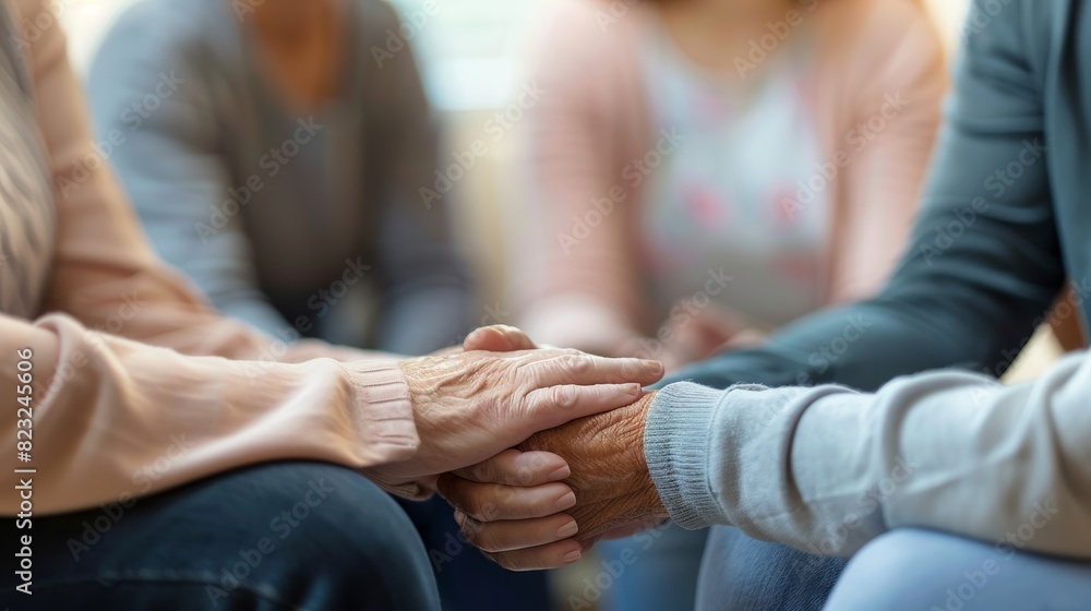 Obraz premium Unity in Support: Close-up of People Holding Hands in Circle at Support Group Meeting