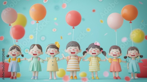 3D minimalist cartoon of children holding balloons and smiling, representing joy and celebration on Children s Day photo