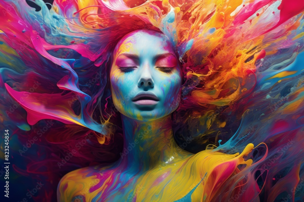 Artistic image of a woman in vivid paint splashes symbolizing imagination Artistic image of a woman in vivid paint splashes symbolizing imagination