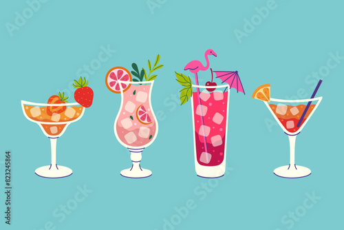Set of summer fruity refreshing drinks. Vector graphics.