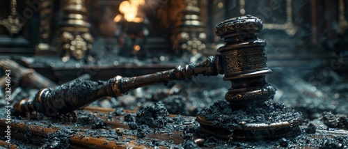 An old  wooden gavel lies abandoned amidst charred debris  symbolizing the aftermath of destruction and the quest for justice in chaotic times.