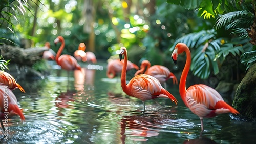 Elegant Display: A Group of Flamingos Wading Gracefully in Shallow Waters photo