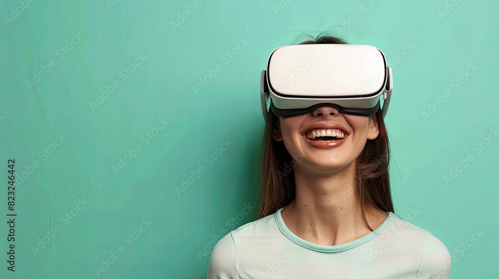 A joyful young woman smiling in white virtual reality glasses on a flat pastel green background. Generative AI A joyful young woman smiling in white virtual reality glasses on a flat pastel green background. Generative AI