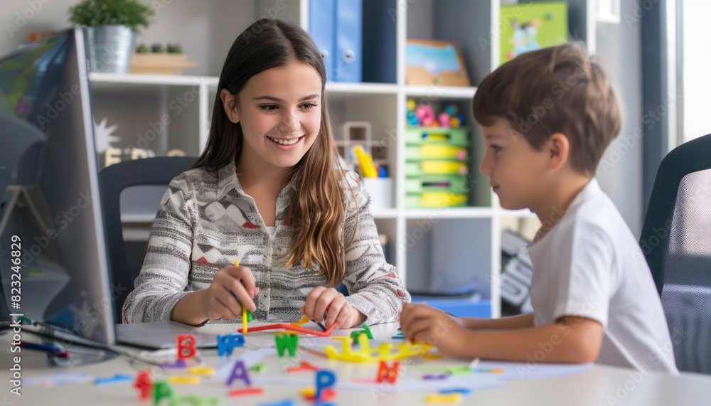 A woman and boy are smiling at table, sharing fun building art with letters A woman and boy are smiling at table, sharing fun building art with letters