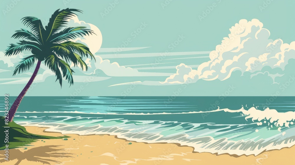A Quiet Beach With Gentle Waves And A Single Palm Tree, Cartoon ,Flat color
