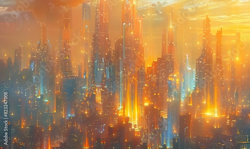 a futuristic cityscape made entirely of intricate fractal structures. Buildings and skyscrapers stretch upward  reflecting the harmonious blend of orange and blue hues