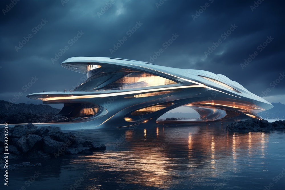 Obraz premium Imaginative concept of modern architecture, resembling a spaceship, by the water under a moody sky