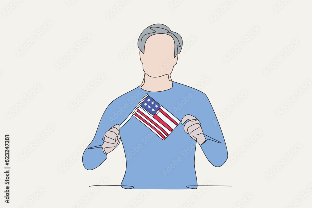 Colored man waving a small american flag. 4th of july one-line drawing