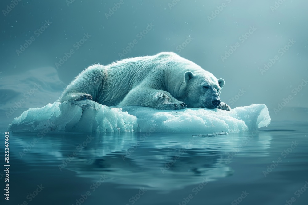 Polar bear resting on a dwindling iceberg, illustrating the threat of habitat loss caused by global warming.