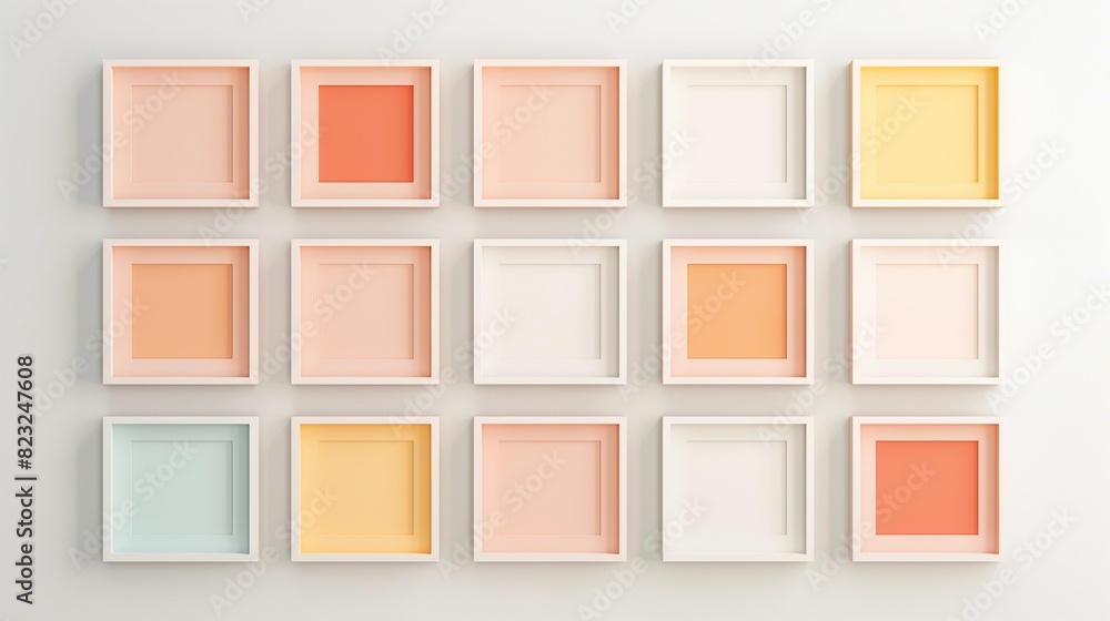 Fototapeta premium Symmetrical Arrangement of Pastel-Colored Square Frames on Wall