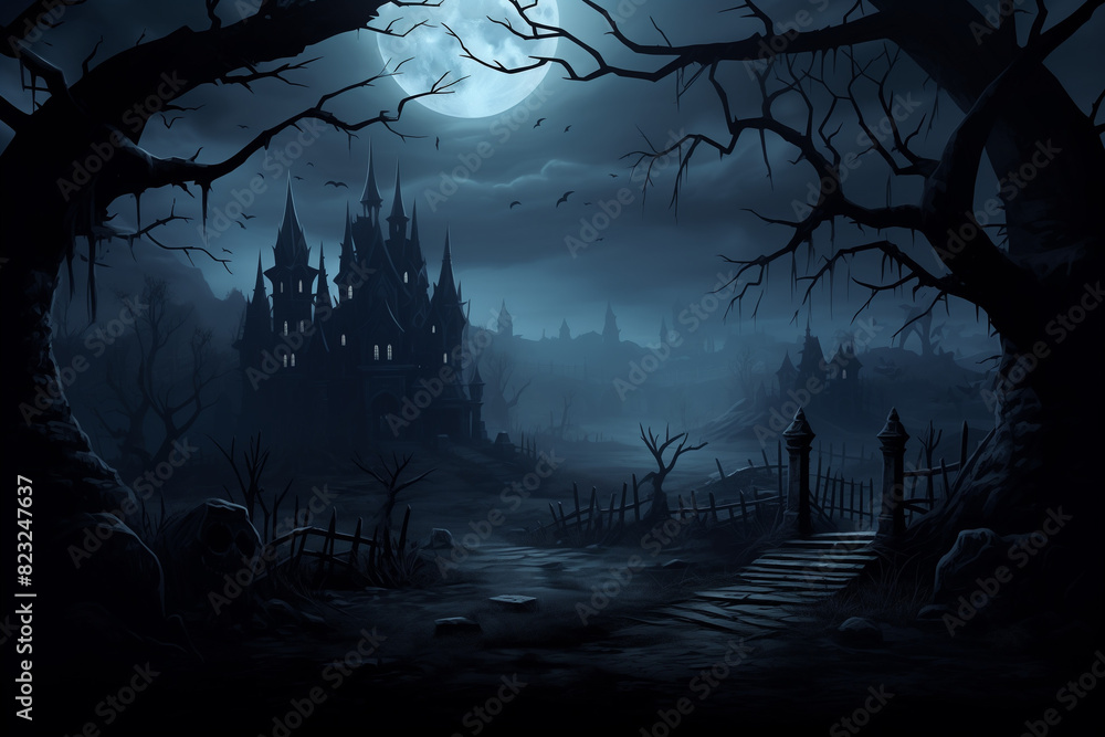 Haunted Gothic Castle, Moonlit Night, Spooky Atmosphere