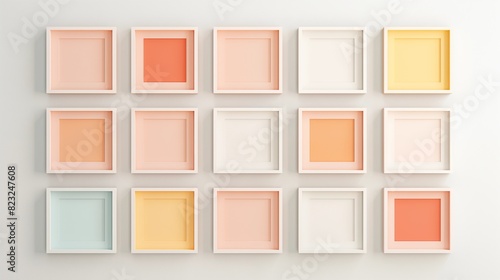 Symmetrical Arrangement of Pastel-Colored Square Frames on Wall