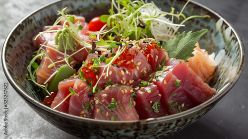 In a colorful bowl we see juicy pieces of tuna immersed in an aromatic marinade.