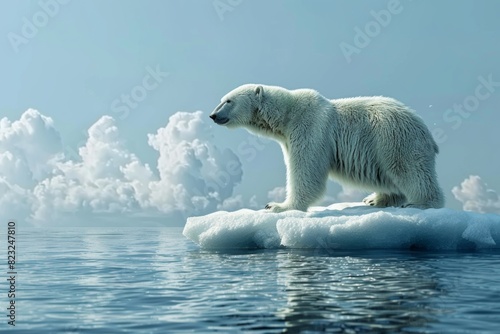 Lone polar bear stranded on a melting ice floe, symbolizing the impact of global warming on Arctic habitats.