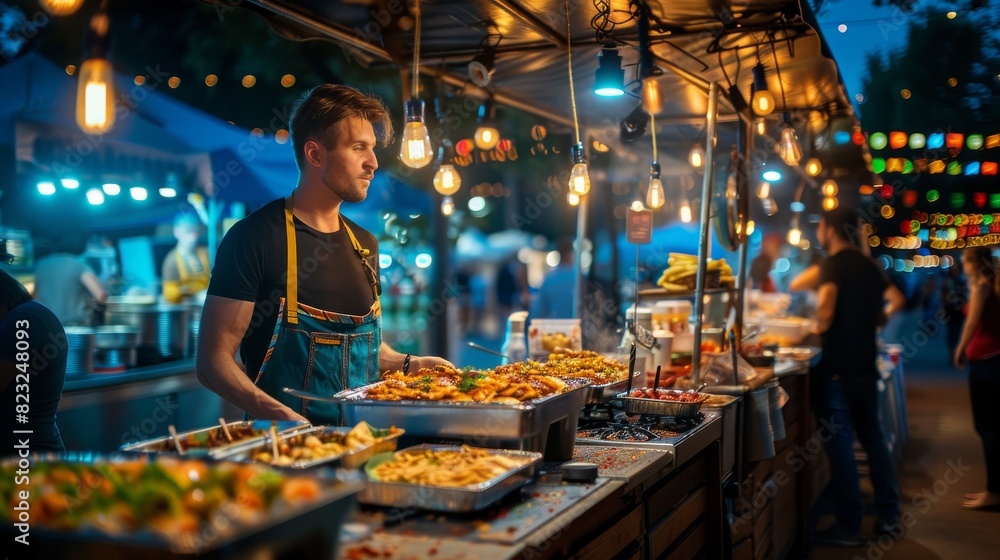 A man is standing behind a food stand with a variety of food items on display A man is standing behind a food stand with a variety of food items on display