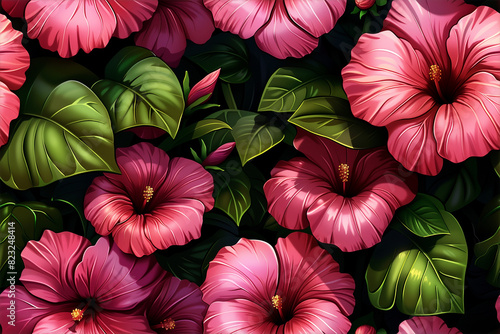 Pink flowers with green leaves on a dark background