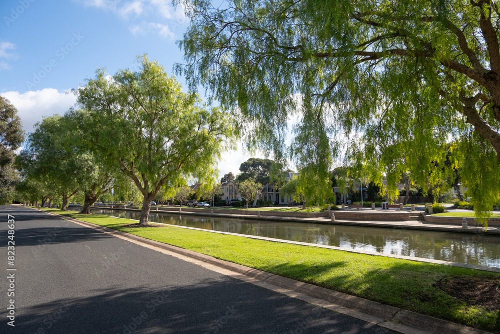 A clean and beautiful urban road by the river or water canal, lined with lush green trees and a manicured grass nature strip in soft morning sunlight.