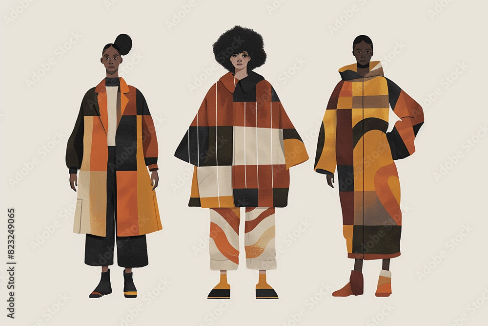 Warm, earth-toned vector clothing designs, blending minimalist fashion with primitive patterns and modern simplicity 