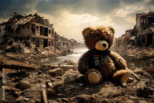 Catastrophic Teddy bear city earthquake. Street house. Generate Ai photo