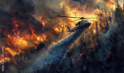 helicopter fighting a forest fire, natural disaster, extinguishing the forest using helicopters. A helicopter drops water over a burning forest.