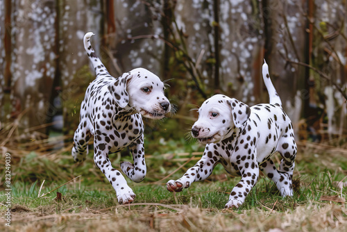 Two cute young dalmatian dogs running and playing  AI generated