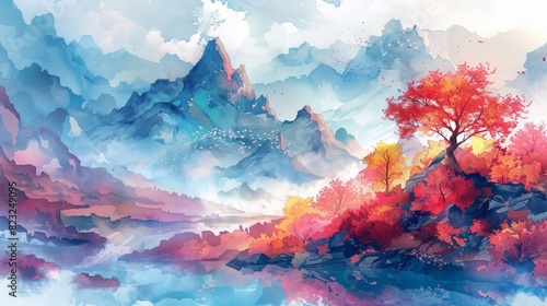 A vibrant watercolor painting of a mountain landscape with colorful trees and a serene river reflecting the stunning scenery.