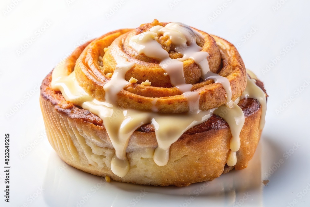 One cinnamon roll with almond isolated on white background, sweet bun, cromboloni One cinnamon roll with almond isolated on white background, sweet bun, cromboloni
