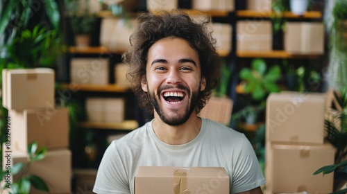Smiling Man With Beard Surrounded by Boxes