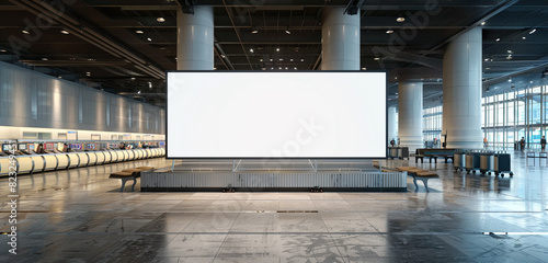 Facing the baggage carousel, a wide blank billboard mockup in a sprawling airport terminal, ultra-realistic format.