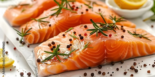 Fresh Pacific Salmon Fillets with Rosemary Peppercorns and Lemon Presentation. Concept Seafood Recipes, Salmon Fillets, Rosemary Peppercorns, Lemon Presentation, Pacific Cuisine photo