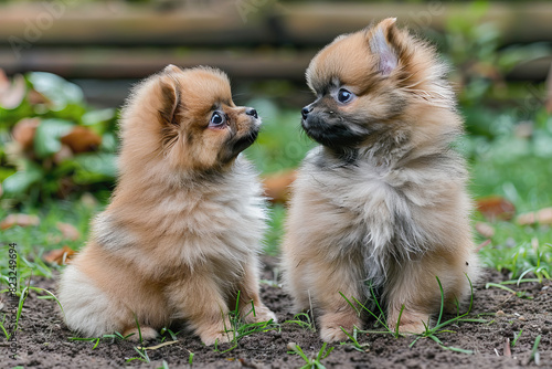 Two cute Pomeranian pups looking at each other, AI generated