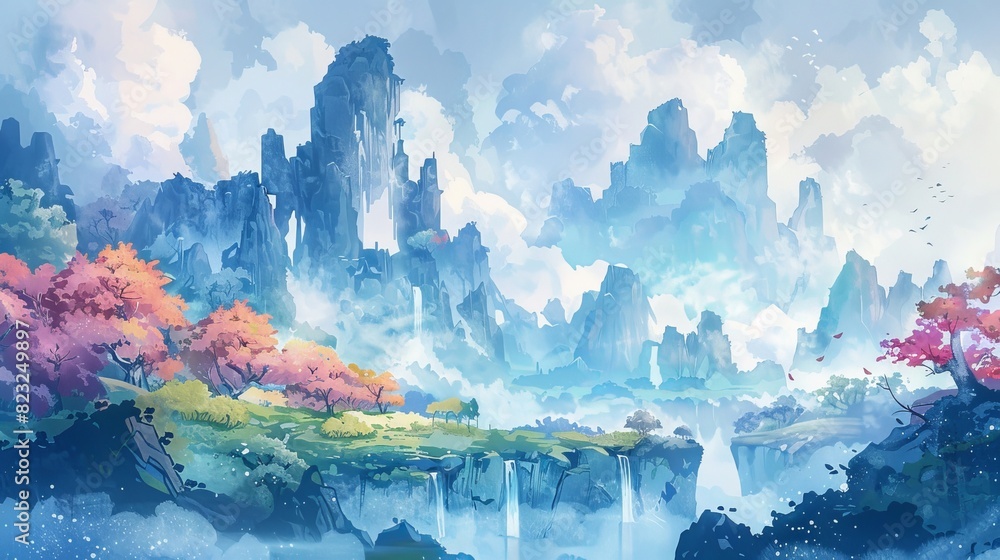 A serene fantasy landscape featuring misty mountains, vibrant trees, and tranquil waters, bathed in ethereal light under a cloudy sky.