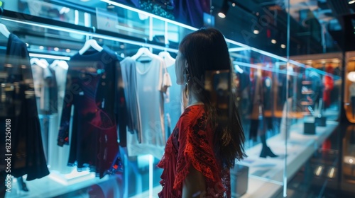 A woman admires herself in the virtual mirror trying on a variety of trendy clothing pieces in the augmented reality fashion fitting room.