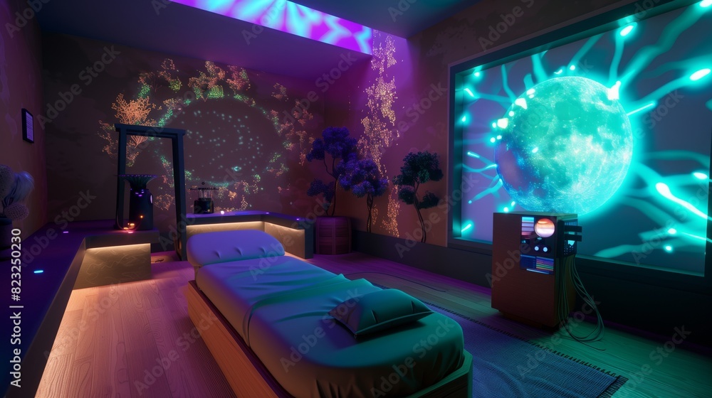 A serene digital environment for psychological studies, with VR setups and calming ambient projections. A serene digital environment for psychological studies, with VR setups and calming ambient projections.