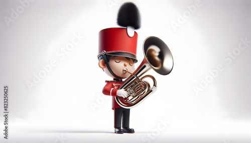 Downloadable 3D Character: Red Uniform Marching Band Tuba Player, Fun and Engaging 3D Caricature: Cartoon Marching Band Member with Tuba photo