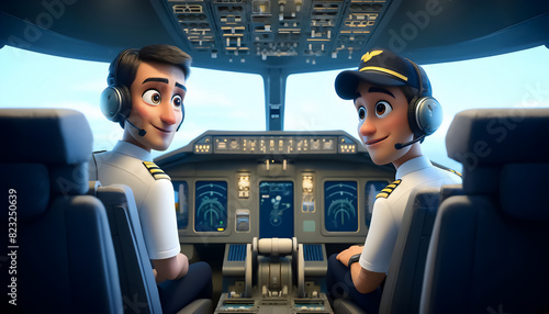 3D Animated Scene: Detailed Airplane Cockpit with Two Pilots, Eye-Catching 3D Animation: Dynamic Airplane Cockpit Scene with Two Pilots photo