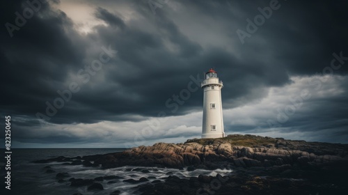 Tall lighthouse stands firm in stormy weather.